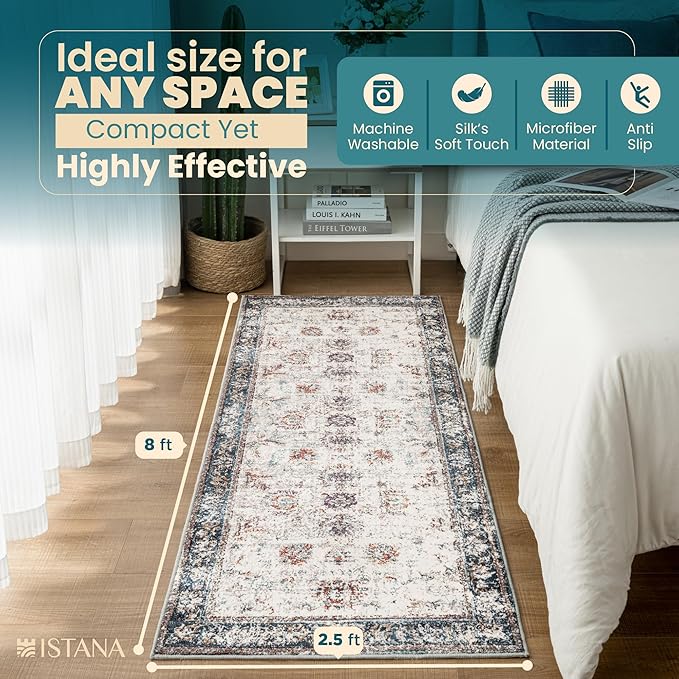 Istana Hallway Runner Rug 2.5x8 – Multi Colors Entryway Rug -Silk's Soft Touch Runners for Hallways - Stylish Kitchen Runner Rug Non Slip