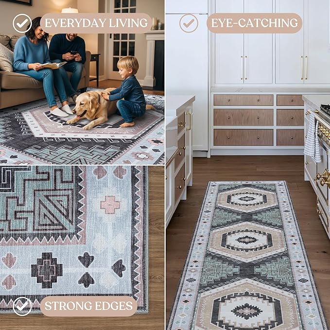 Fame Living Washable Area Rug. Modern Farmhouse. Vintage. Turkish. Bohemian. Distressed. Oriental. Traditional. Rugs for Living Room. Dining. Bedroom. Office. Entryway. Foyer. (856BlckGry, 9'5" x 14')