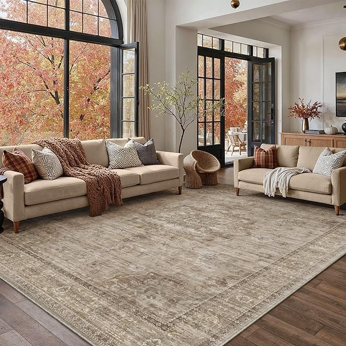 HUGEAR Washable 8x10 Area Rugs Retro Brown Living Room Bedroom Rug Vintage Distressed Non Slip Stain Resistant Low Pile Neutral Throw Carpet for Home Decor