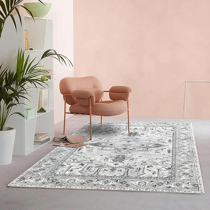 Fame Living Faded Oushak Rug, Turkish Vintage Floral Pastel Large Oversized Area Rugs for Living Room Dining Bedroom Kitchen Bathroom Nursery (848CrNv, 2' x 3')