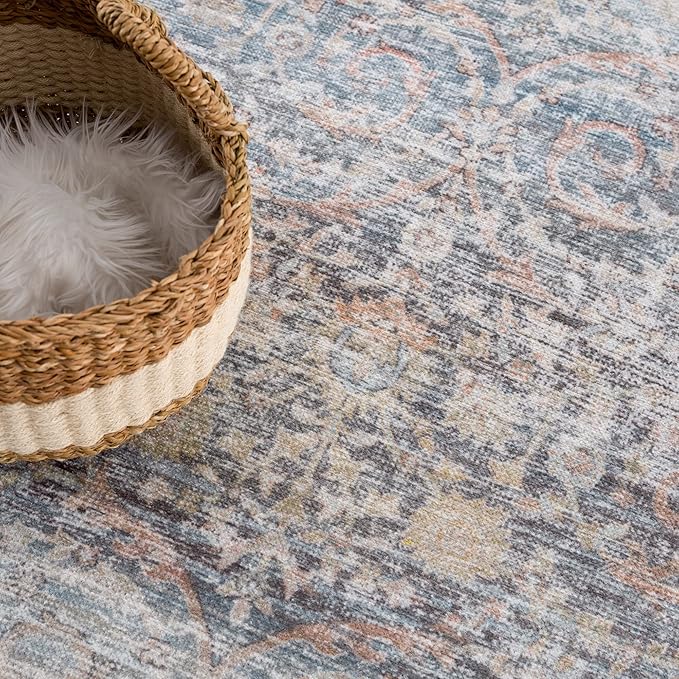 Bloom Rugs Caria Washable Non-Slip 4x6 Rug - Ocean Blue/Brick Traditional Area Rug for Living Room, Bedroom, Dining Room, and Kitchen - Exact Size: 4' x 6'