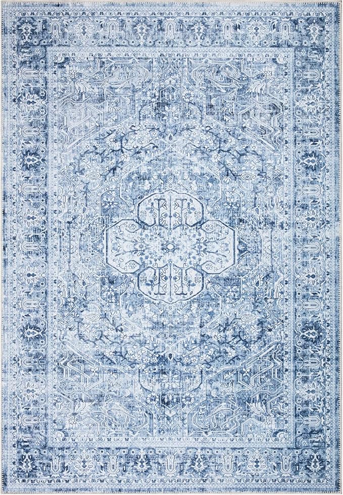 Bloom Rugs Washable Non-Slip 9' x 12' Rug - Ivory/Denim Blue Traditional Medallion Area Rug for Living Room, Bedroom, Dining Room, and Kitchen - Exact Size: 9' x 12'