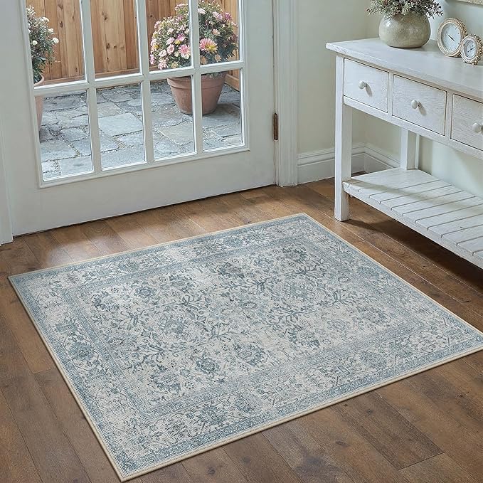 Blue Area Rug 2x3 Entryway Washable Soft Carpet Vintage Non Slip Indoor Kitchen Entrance Door Mat Traditional Retro Distressed Small Thicker Throw Rug Bathroom Laundry Bedroom