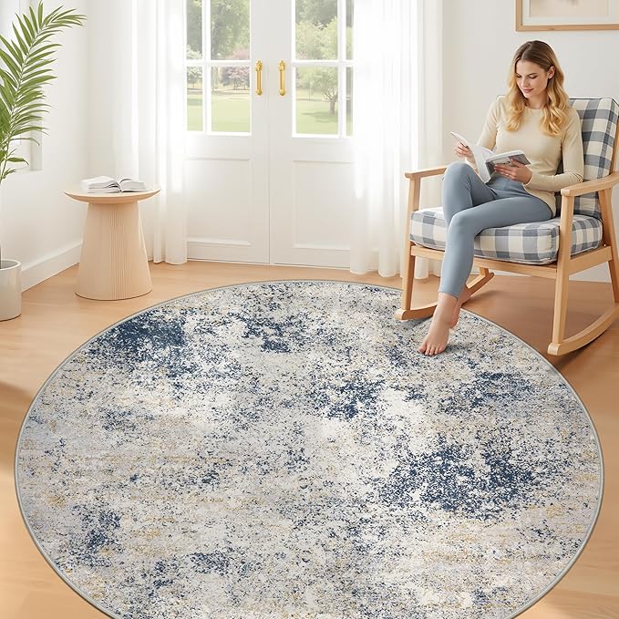 8ft Washable Round Rug - 8x8 Area Rugs Modern Abstract Rugs for Living Room Non-Slip Low Pile Soft Machine Washable Carpet for Bedroom, Living Room, Dining Room, Nursery, Farmhouse (8'x8' Beige Blue)