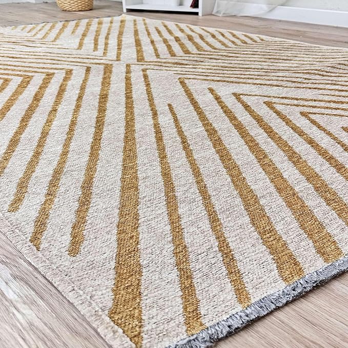 Alfa Rich 4x6 Geometric Gold Off White Washable Area Rugs for Living Room Bedroom Kitchen Cotton Rug