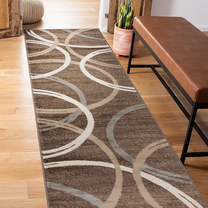 Rugshop Modern Wavy Circles Design Runner Rug, Carpet with Jute Backing for Hallway, Entryway, or Kitchen, Brown, 2'7" x 8'
