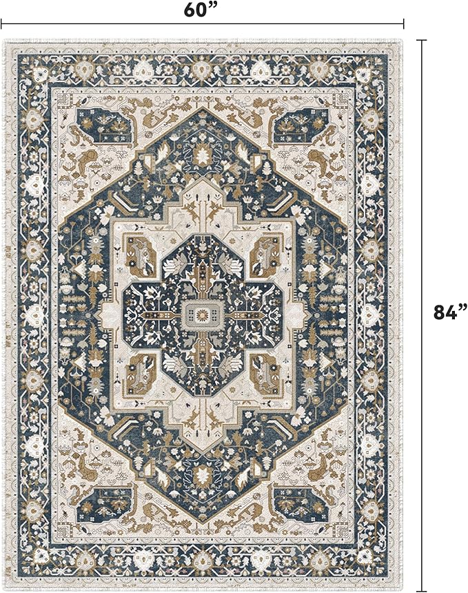 EnHomee 5x7 Area Rugs Washable for Bedroom, Boho Vintage Rugs, Foldable Area Rug for Dining Room, Non-Slip Soft Living Room Rug, Low Pile Large Carpet for Bathroom, Blue and Brown
