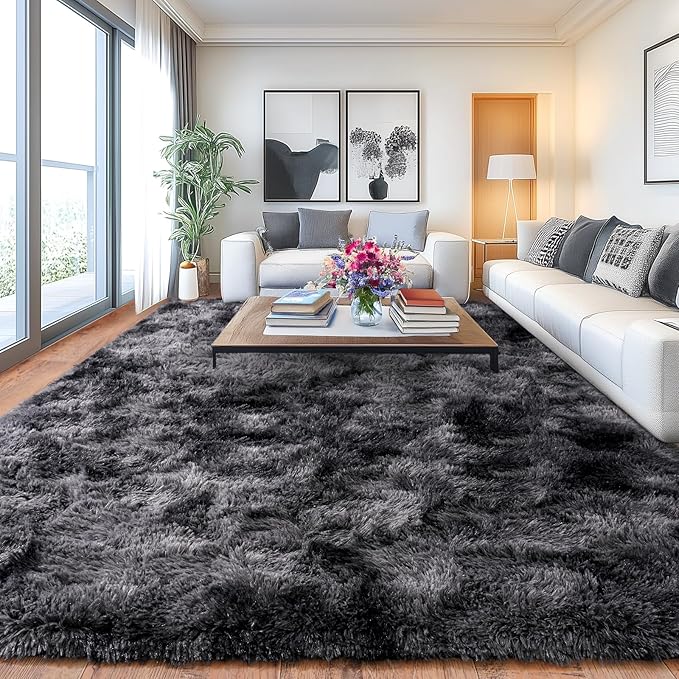 Shaggy Area Rugs, Fuzzy Rugs for Living Room, Soft Nursery Area Rug for Girls, Tie Dye Black Gray Plush Area Rugs Non Slip, Fluffy Rug Carpet 8x10ft
