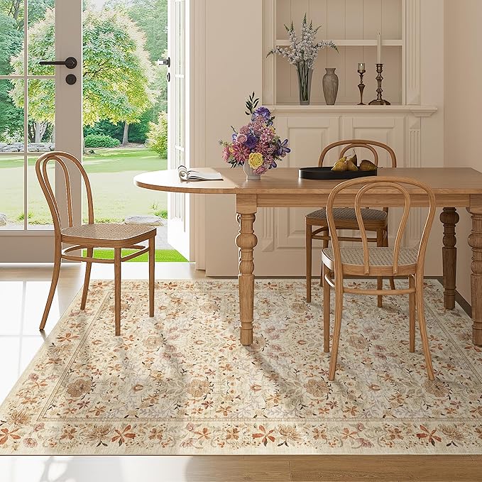 DUKINO 4x6 Rugs for Living Room, Lightweight Non Slip Washable Rug with Low Pile Design, Vintage Floral Non-Shedding Soft Carpet for Living Room, Bedroom, Farmhouse, Office, Bathroom, Beige