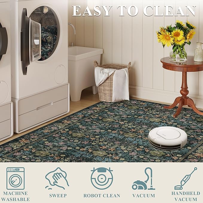 DUKINO 2x5 Washable Runner Rug, Floral Non Slip Bathroom Rugs with Soft Low Pile Design, Lightweight Non-Shedding Carpet Runner for Bathroom, Kitchen, Hallway, Bedroom, Laundry, Blue
