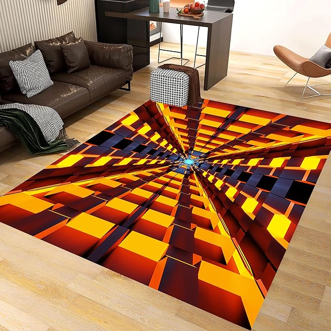 3D Abstract Grid Area Rug, 5x6ft, Visual Illusion Realistic Cave Indoor Carpets, Orange Three Dimensional Pattern Floor Mat, Easy Clean Breathable Washable Rugs for Indoor Family
