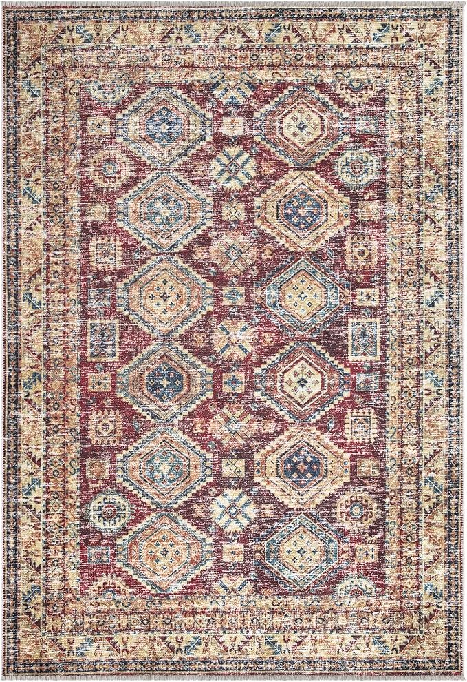 Bloom Rugs Caria Washable Non-Slip 5x7 Rug - Dark Red/Multicolor Traditional Area Rug for Living Room, Bedroom, Dining Room, and Kitchen - Exact Size: 5' x 7'