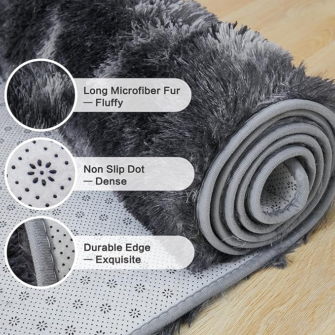 Andency Soft Area Rugs for Living Room Bedroom, 4x6 Non-Slip Fluffy Shag Carpet, Indoor Floor Fuzzy Shaggy Living Room Plush Rug for Kids Dorm Nursery Home Decor Aesthetic, Tie-Dyed Dark Grey
