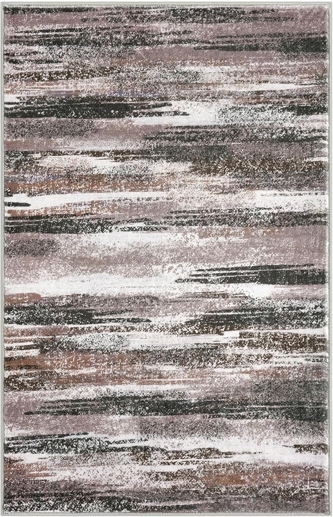 Modern Abstract Small Area Rug Indoor, Dark Light Brown White 3x5 Washable Rug Non-Slip Soft Entryway Rug Kitchen Mats Thin Print Faux Wool Floor Carpet Throw Rugs for Entrance Bedroom