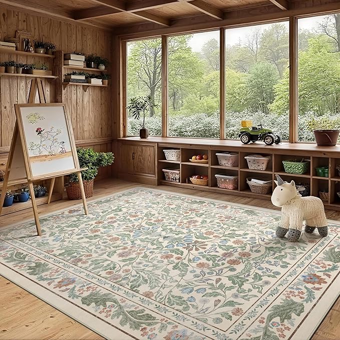 Beige Floral 5x7 Area Rugs for Living Room Large Washable Rug Vintage Forest Low Pile Non Slip Stain Resistance Soft Carpet for Dining Room, Bedroom, Office Rug, Kids Room, Nursery Room, Playroom