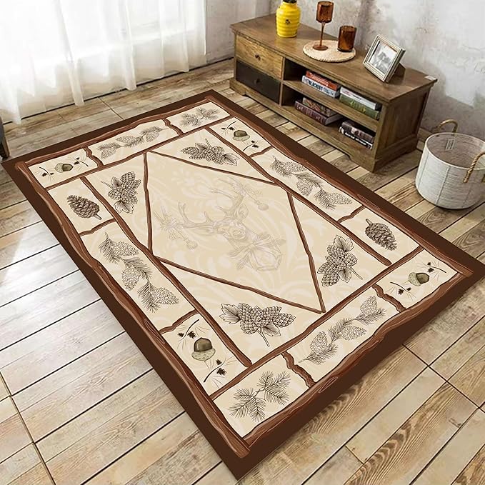 Country Cottage Deer Area Rugs 3x4ft Animal Plant Pine Cone Leaves Branches Patchwork Pattern Featured Indoor Floor Rugs, Vintage Style Non-Slip Non-Shedding Rugs for Farmhouse Office Living Room