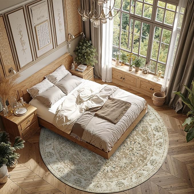 jinchan Fiora Round Rug 7ft Area Rug - Taupe Vintage Floor Mat Indoor Ultra-Thin Soft Floral Print - Washable Circle 7' Retro Accent for Farmhouse Non Slip Dining Room Living Room Bedroom Office
