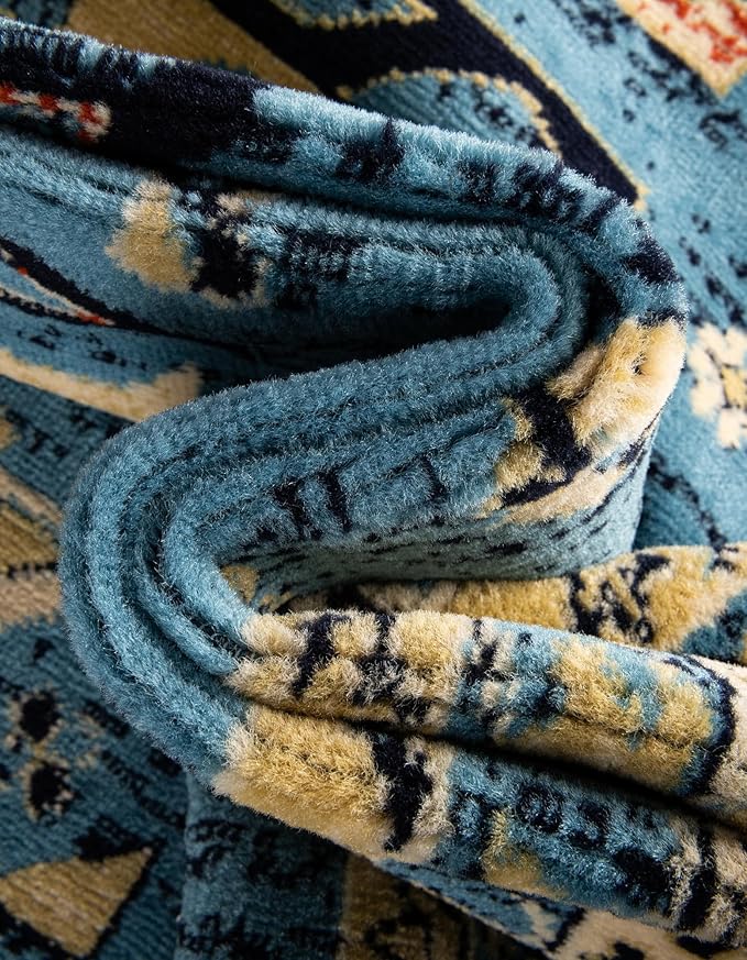 Unique Loom Taftan Collection Border Geometric Tribal Inspired Design Area Rug (9' 10 x 13' 0 Rectangular, Light Blue/ Gold)