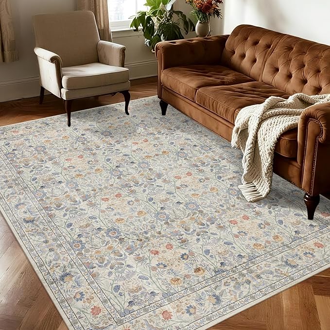 Washable Living Room Rug: 6x9 Boho Floral Soft Area Rug for Bedroom Decor - Vintage Low Pile Thin Carpet for Dining Room Non-Slip - Farmhouse Stain Resistant Rugs - Beige Blue