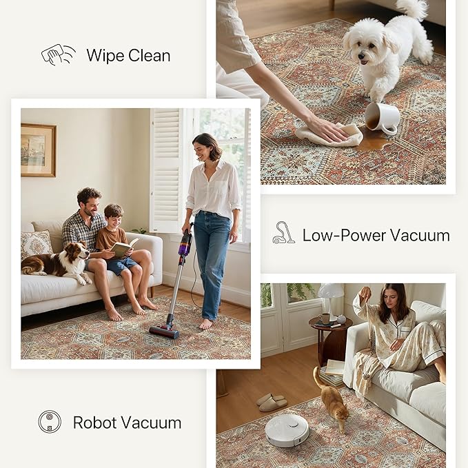 Bavni 2x10 Runner Rug Non Slip, Machine Washable Rug Runners for Hallways, Vintage Distressed Print Kitchen Runners, Low Pile Lightweight Carpet Runner for Entryway Laundry Bedroom Bathroom Spice Sky
