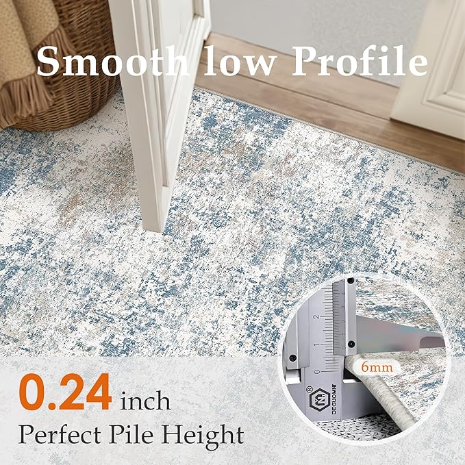 Blue 4x6 Area Rug Washable Abstract Office Carpet Modern Neutral Non Slip Indoor Entry Soft Low Pile Contemporary Aesthetic Door Mat Bedroom Throw Rug for Kitchen Laundry Dining Room