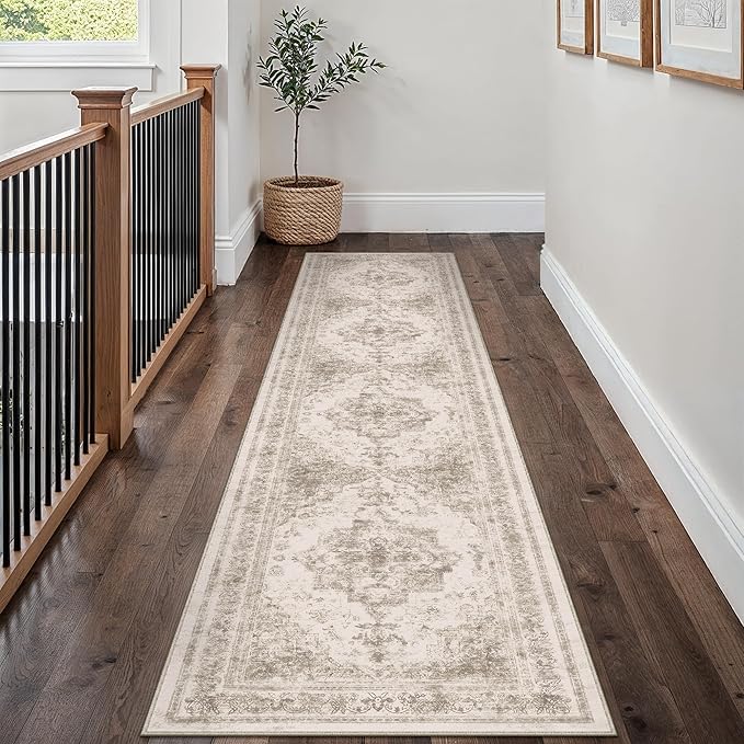 Runner Rug 2x12 Beige Hallway Washable Carpet Non Slip Vintage Medallion Carpet Low Pile Soft Distressed Retro Indoor Long Rug for Entryway Kitchen Bathroom Laundry Bedroom