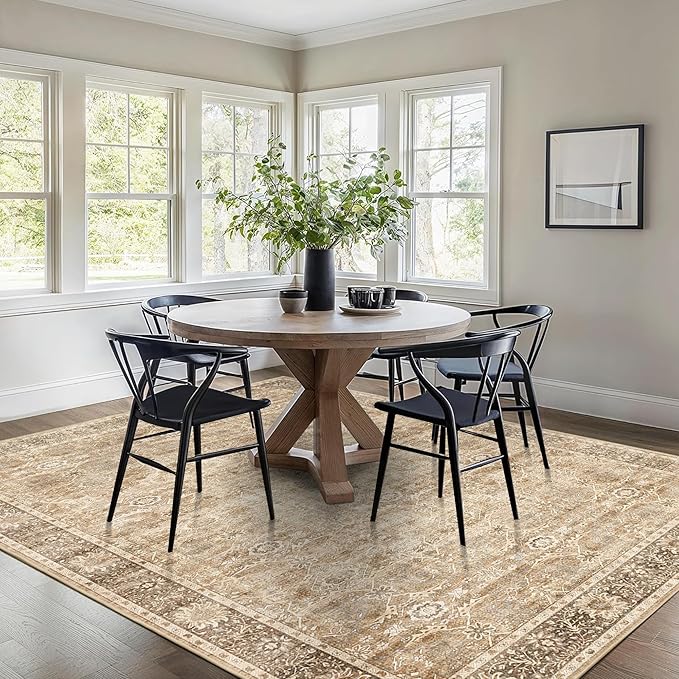 5x7 Beige Washable Rug for Living Room Large Vintage Distressed Bedroom Rug Low Pile Non-Slip Soft Boho Carpets for Bedroom Dining Room Home Office Indoor Nursery
