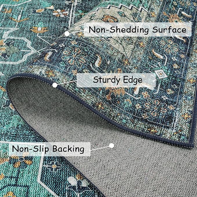Moynesa Ultra-Thin Washable Round Rug - 6ft Teal Large Living Room Circle Area Rugs, Vintage Dining Room Mat Stain Resistant Nursery Carpet for Bedroom Mudroom Kitchen Apartment Home Office