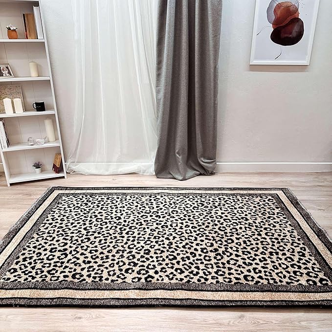 Alfa Rich 4x6 Leopard Beige Black Washable Area Rugs for Living Room Bedroom Kitchen Cotton Rug
