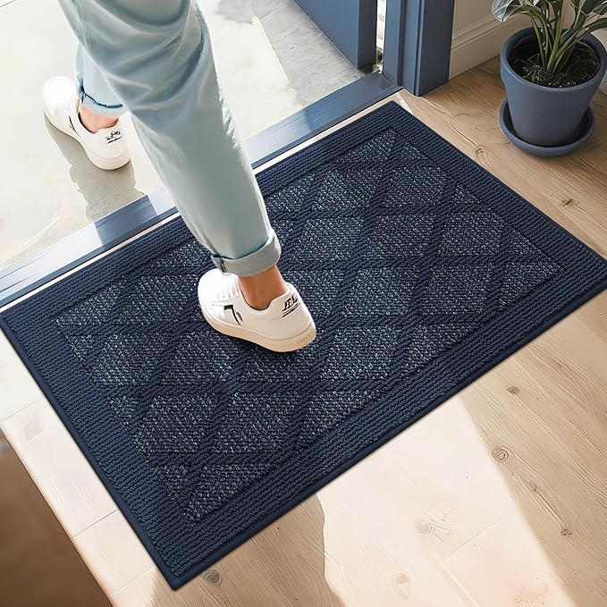 COSY HOMEER Non-Slip Door Mat 24"x36", Entryway Rugs Low Profile Absorbent Dirt Trapper Doormat for Front Entrance, Washable Polypropylene Entry Mat (Blue)