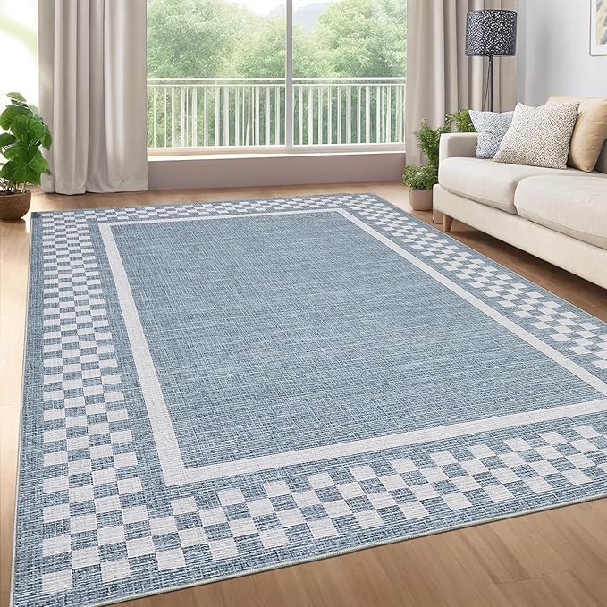 GarveeHome 5x7 Washable Area Rug for Bedroom Living Room Non Slip Modern Bordered Throw Rugs Low Pile Soft Checkered Dining Room Area Rugs Geometric Throw Carpet for Kitchen Nursery Office, Blue