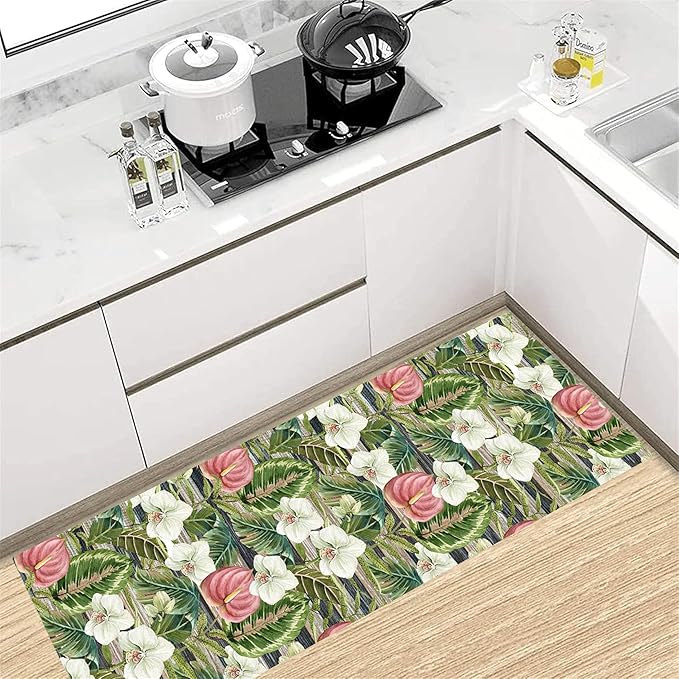 Runner Rug 2.6x7ft Non-Slip - Tropical Floral Watercolor Boho with Orchids & Leaves - Washable Entryway Carpet for Hallway, Bedroom, Dining Room - Green Pink Design