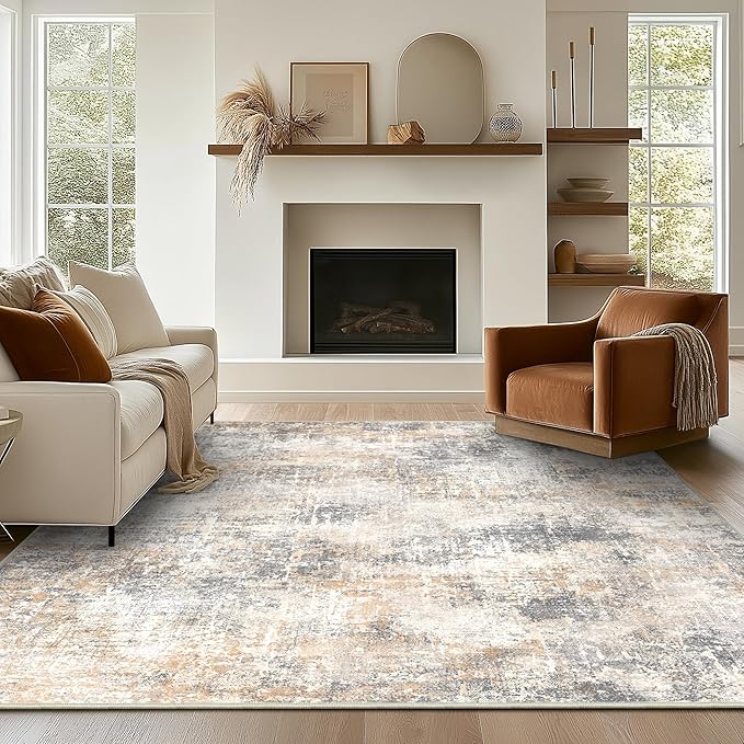 Bavni 9x12 Area Rugs Machine Washable Rug for Living Room, Modern Printed Rug Indoor Soft Area Rug for Bedroom Dining Room, Ultra-Thin Low Pile Carpet with Non Slip Rubber Backing, Beige Gray