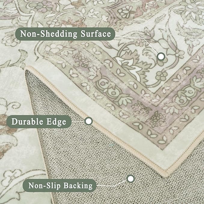 vivorug 4x6 Rug, Small Area Rug for Living Room, Bedroom, Kitchen, Machine Washable Non-Slip Throw Rug, Vintage Floral Carpet for Entryway Nursery Coffee Table - Durable (Sage Green)