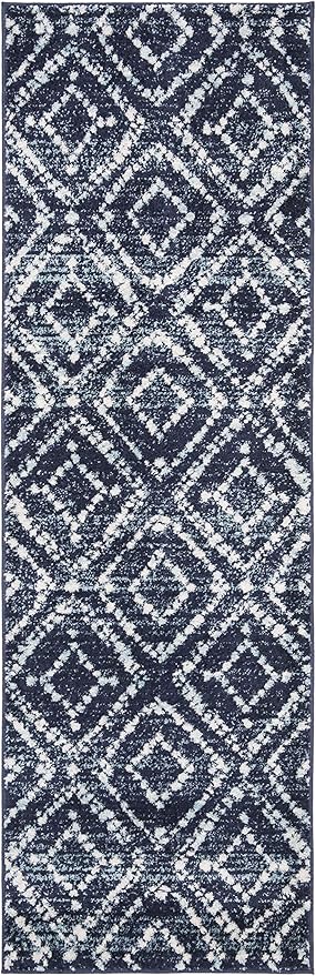 SAFAVIEH Adirondack Collection Runner Rug - 2'6" x 8', Navy & Ivory, Modern Diamond Distressed Design, Non-Shedding & Easy Care, Ideal for High Traffic Areas in Living Room, Bedroom (ADR131N)