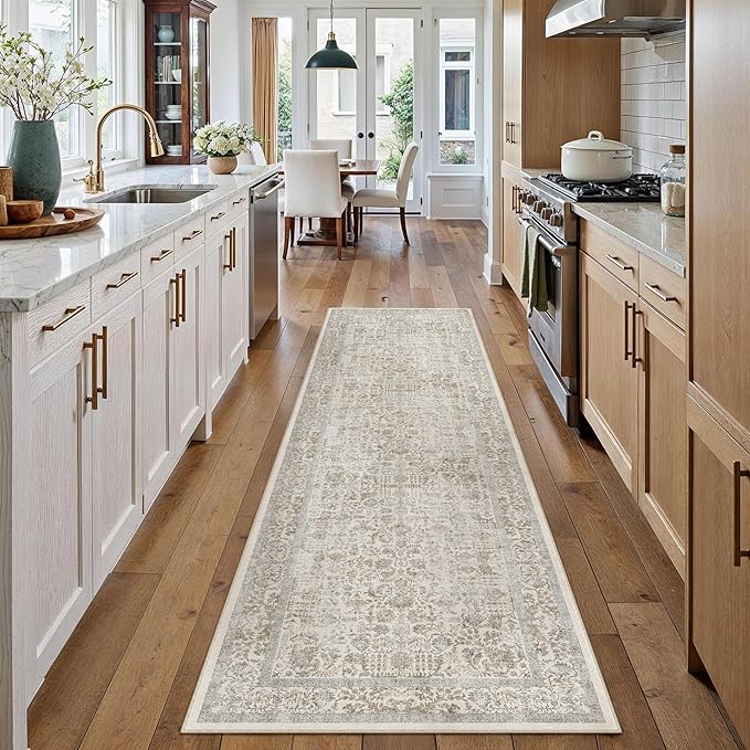 Taupe Runner Rug 2'6"x12' Washable Carpet for Hallway Kitchen Vintage Distressed Non Slip Indoor Retro Floral Bedroom Accent Throw Long Rug Bathroom Office Laundry Dining Living Room
