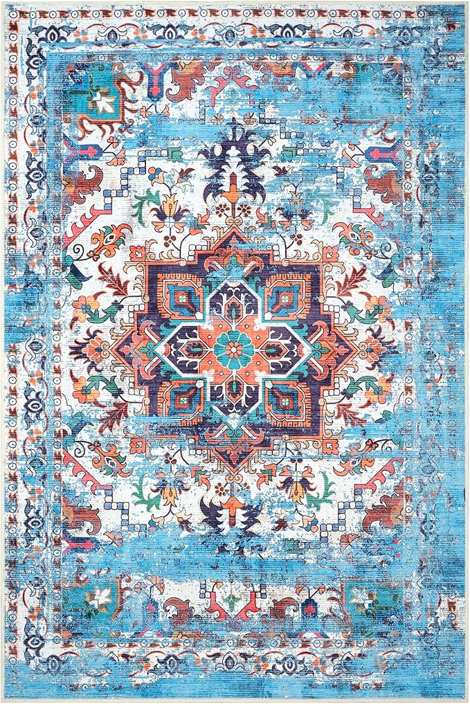 GLN Rugs Traditional Collection - Machine Washable Area Rug, Traditional Washable, Non Slip, Low Pile Chenille Rug, Living Room, Bedroom, Kitchen Rug (8' x 10' Blue/Multicolor)