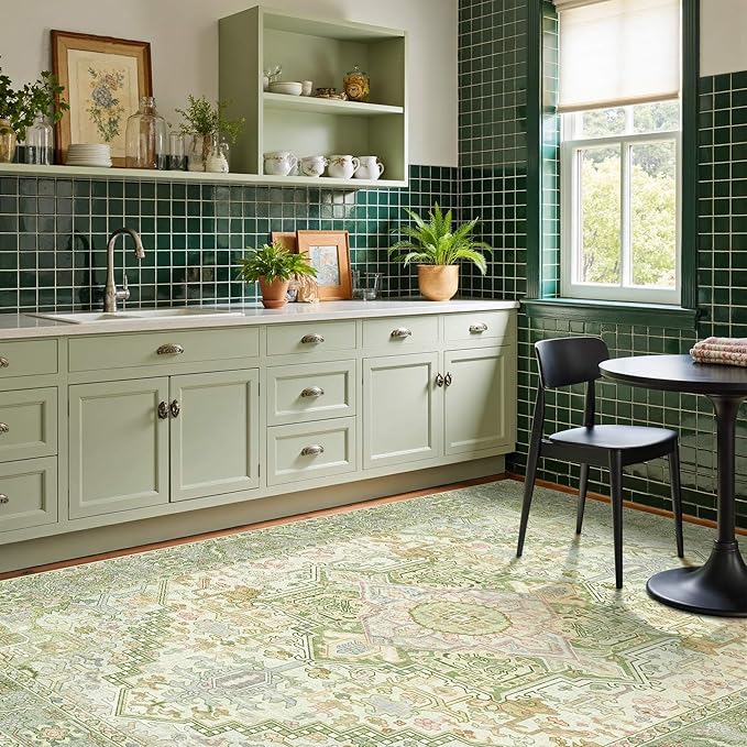 Kokia 8x10 Washable Sage Green Area Rugs with Vintage Orient Design Soft Rug for Living Room or Bedroom Non-Slip Low Pile Stain Resistance Features Distressed Medallion Pattern