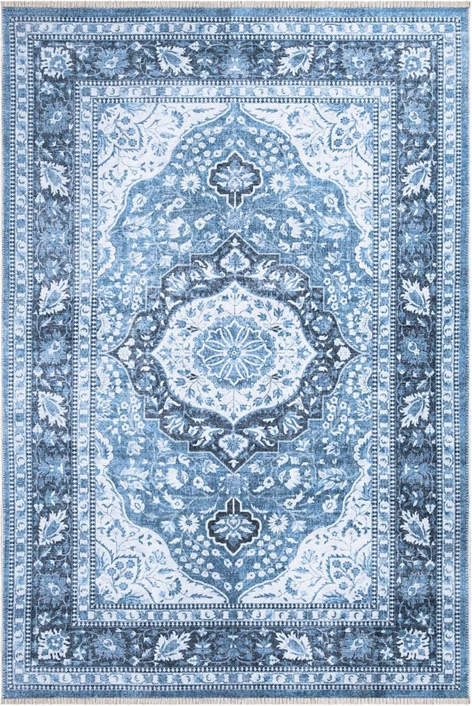 Bloom Rugs Caria Washable Non-Slip 9x12 Rug - Blue Traditional Area Rug for Living Room, Bedroom, Dining Room, and Kitchen - Exact Size: 9' x 12'