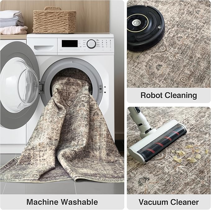 FMFUNCTEX 9x12 Washable Area Rug Vintage Neutral Distressed Large Taupe Non Slip Carpet for Living Room Bedroom Soft Low Pile Indoor Mat Retro Floral Throw Rug for Dining Room Kitchen Office Nursery