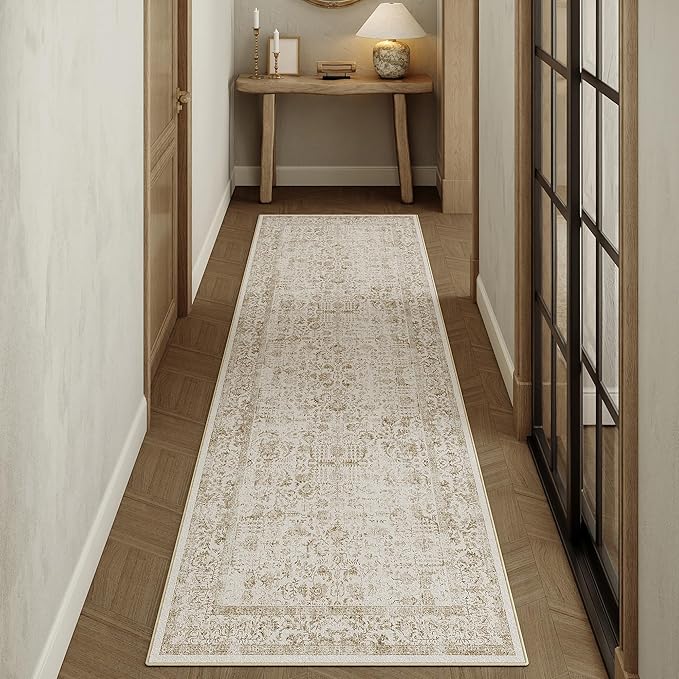 Light Brown Runner Rug 3x7 Hallway Machine Washable Kitchen Vintage Distressed Non Slip Long Carpet Indoor Retro Floral Bedroom Accent Throw Rug for Bathroom Office Laundry Dining Room
