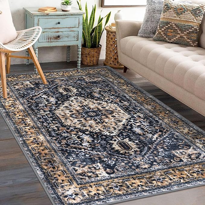 KOZYFLY Boho Area Rug 3x5 Ft Rugs for Entryway Washable Entry Rug Non Slip Door Mat Indoor Entrance Gold Navy Printed Faux Wool Vintage Kitchen Rug Throw Rugs for Entrance Kitchen Living Room