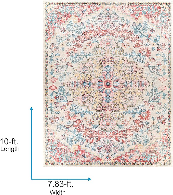 Livabliss Area Rugs - 8x10 Odelia Vintage Boho Red Off-White Blue Area Rug for Living Room Bedroom - Floral Medallion Stain Resistant Carpet for Kitchen, Nursery, Office (7'10" x 10')