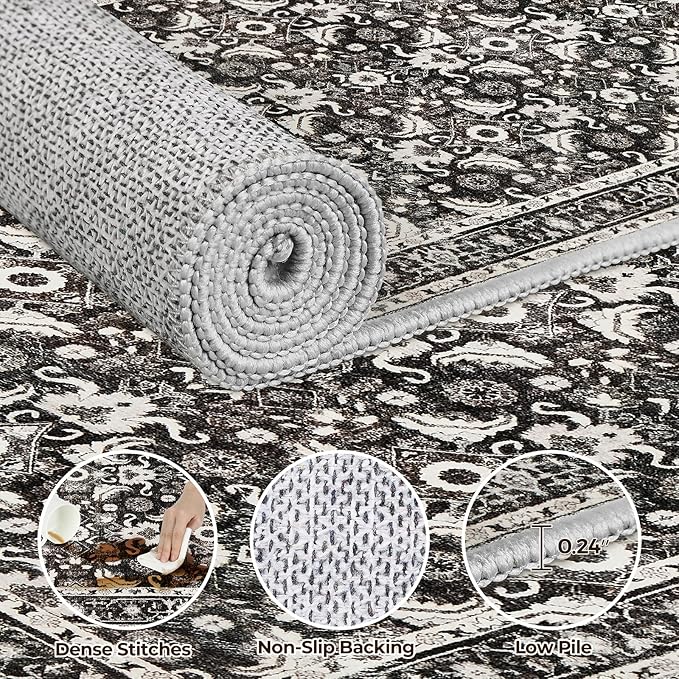 WITSHOCK Washable 2x3 Entryway Area Rug: Soft Non-Slip Backing Washable Rugs Vintage Flower Boho Accent Small Rugs for Bedroom, Kitchen, Bathroom, Nursery Entrance,Black
