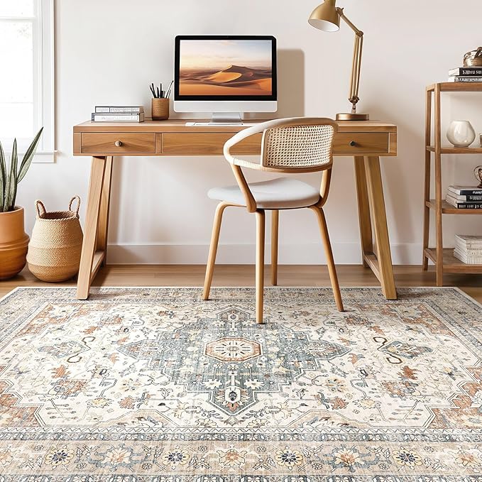 10x14 Area Rugs Living Room: Washable Boho Large Neutral Vintage Soft Rug Stain Resistant Distressed Farmhouse Non-Slip Indoor Floor Carpet for Bedroom Nursery Kids Office Dining Room- Beige Blue