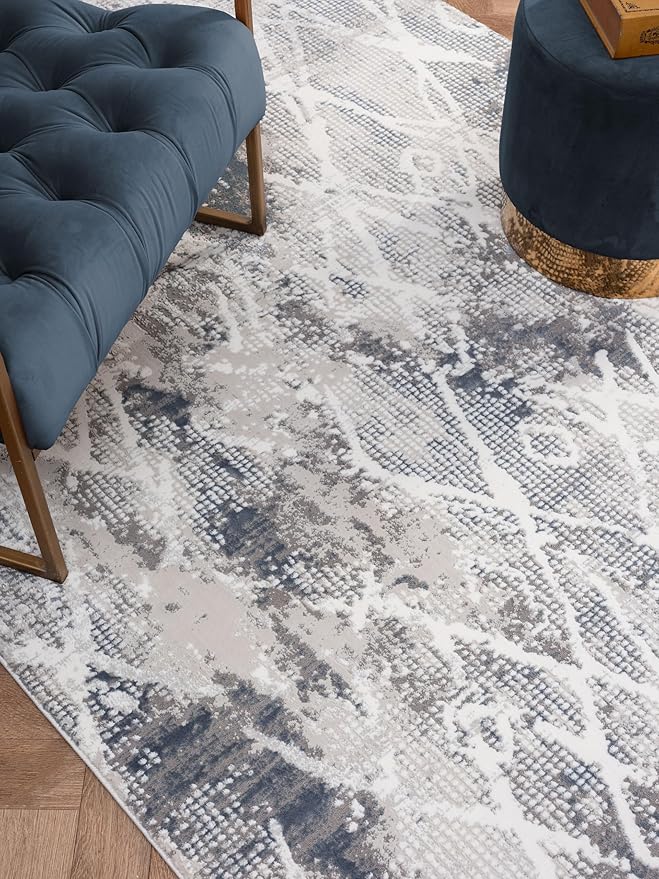 Adel Modern Area Rug for Living Room, 4x6 Rustic Distressed Abstract Blue Rug, Medium Pile Stain Resistant Carpet for Bedroom, Dining Room or Kitchen (4' x 6', Blue)