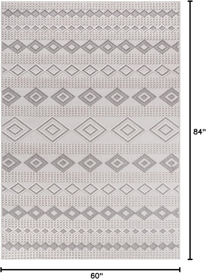 CAMILSON Micro Loop Rug 5x7 Modern Luxury Geometric Moroccan Diamond Area Rugs Soft High and Low Pile Stain Resistant Easy-Cleaning Non-Shedding for Living Room Office Indoor Carpet (5 x 7 White-Gray)