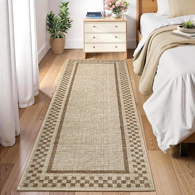 GarveeHome Kitchen Runner Rug Washable Runner Rug 2x6 for Hallway Non Slip Soft Throw Runner Carpet Modern Bordered Bathroom Mat Low Pile Checkered Runner Rugs for Bedroom Living Room Entry, Taupe