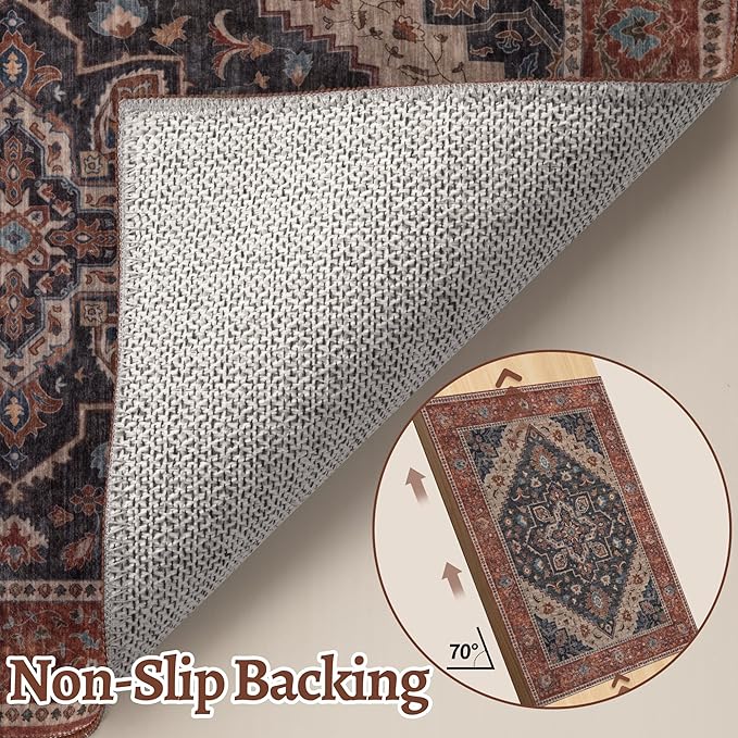 Tangsoo 5x7 Area Rug Washable Rug for Living Room, Vintage Rugs Indoor Non Slip Large Area Rugs, Print Carpet, Soft Low Pile Rugs Foldable Floor Rug for Bedroom Dining Room Dorm Dark Blue/Orange