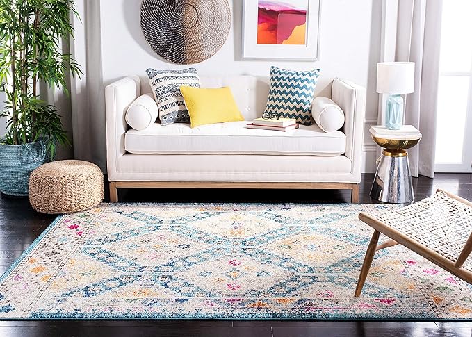 SAFAVIEH Madison Collection Accent Rug - 3' x 5', Dark Blue & Yellow, Boho Distressed Design, Non-Shedding & Easy Care, Ideal for High Traffic Areas in Entryway, Living Room, Bedroom (MAD418N)